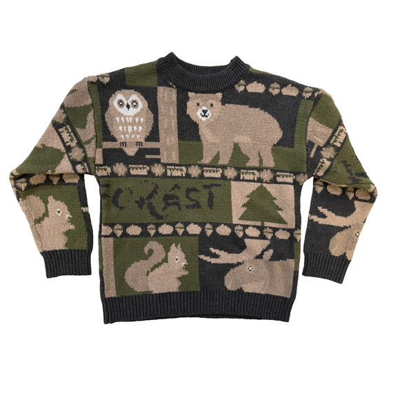 Vintage Nature Sweater Women Medium Green Brown Knit Pullover Owl Bear Moose - Picture 1 of 5